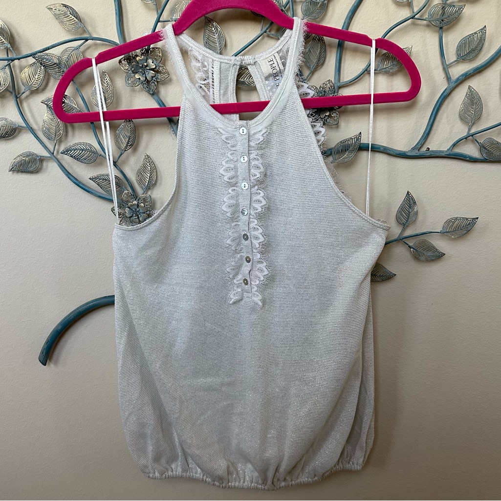 Free People Lace Sleeveless White & Silver T-Back Tank Top Sz M